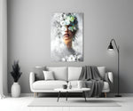 Floral-cascade portrait cinematic glass wall art beside master-bedroom dressing table