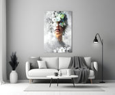 Floral-cascade portrait cinematic glass wall art beside master-bedroom dressing table