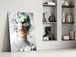 Painterly bloom-veil vertical cinematic glass wall art in heritage stairwell