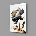Single peony black-and-gold glass wall art in fashion-atelier entry