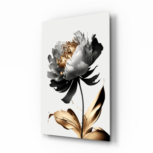 Black gold peony botanical cinematic glass wall art in glamorous bedroom