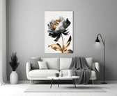 Black-petal peony cinematic glass wall art beside master-bedroom dressing table