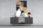 Saffron-gold woman cinematic glass wall art in fashion-house dressing room