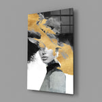 Saffron-and-onyx muse cinematic glass wall art in fashion-atelier entry