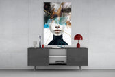 Teal-and-gold woman cinematic glass wall art in fashion-house dressing room