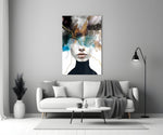 Couture brushstroke portrait cinematic glass wall art beside master-bedroom dressing table