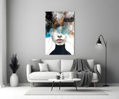 Couture brushstroke portrait cinematic glass wall art beside master-bedroom dressing table