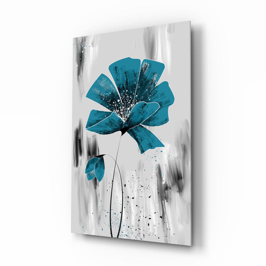 Teal bloom poppy cinematic glass wall art over walnut console in designer bedroom