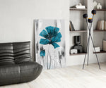 Painterly teal-poppy cinematic glass wall art in heritage hallway