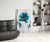 Painterly teal-poppy cinematic glass wall art in heritage hallway