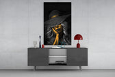 Wide-brim hat editorial cinematic glass wall art in glamorous walk-in closet