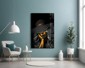 Gold-accent B&W portrait cinematic glass wall art over walnut console