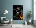 Gold-accent sunflower portrait cinematic glass wall art over walnut console