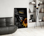 Magazine-style sunflower portrait cinematic glass wall art in heritage stairwell