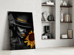 Selective-gold woman cinematic glass wall art in fashion-house dressing room