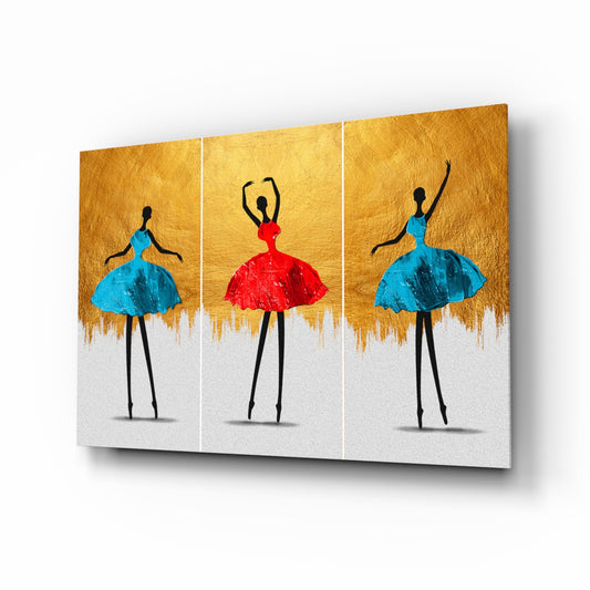 Ballerina triptych painterly cinematic glass wall art in young woman's bedroom