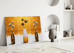 Mask-vase tulips cinematic glass wall art over master-bedroom headboard