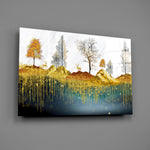 Asian-landscape gold-leaf glass wall art over walnut dining sideboard