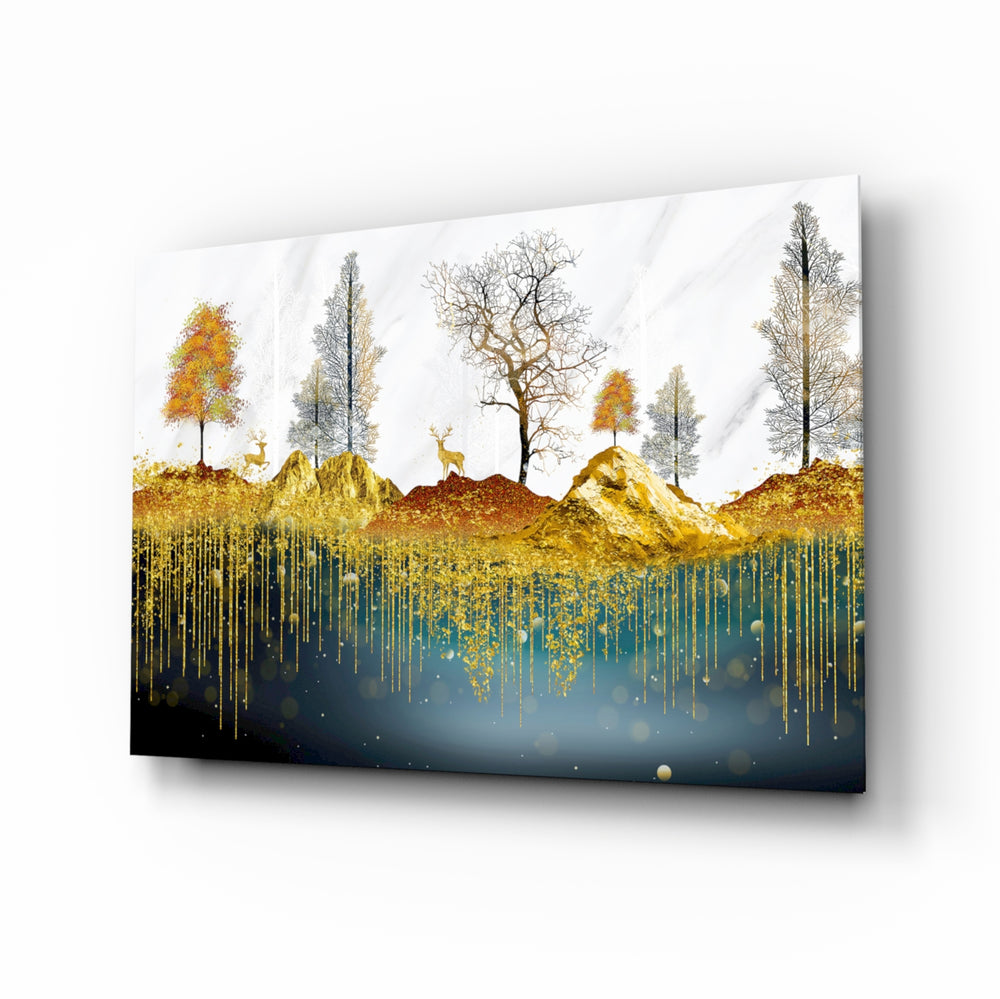 Golden forest reflection cinematic glass wall art above linen sofa in designer lounge