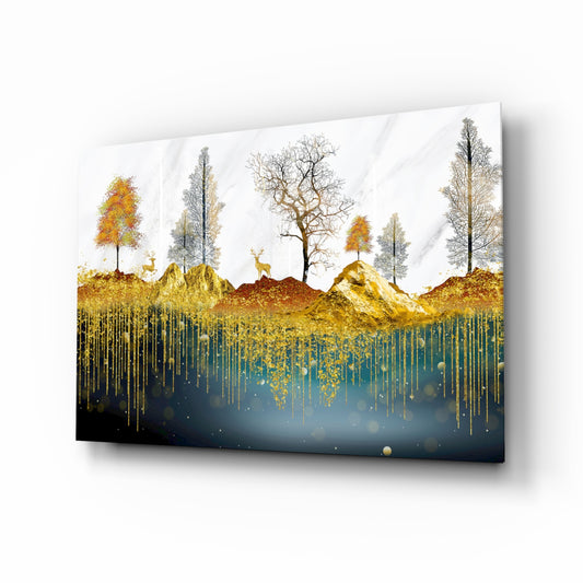 Golden forest reflection cinematic glass wall art above linen sofa in designer lounge