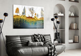 Min-hwa style gold-forest cinematic glass wall art in heritage hallway