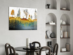 Meditation-room gold-leaf forest glass wall art in serene corner