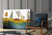 Painterly gold-forest cinematic glass wall art over modern bar cabinet