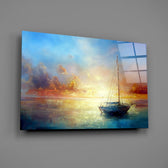 Marine oil-painting sailboat glass wall art over walnut console in maritime study