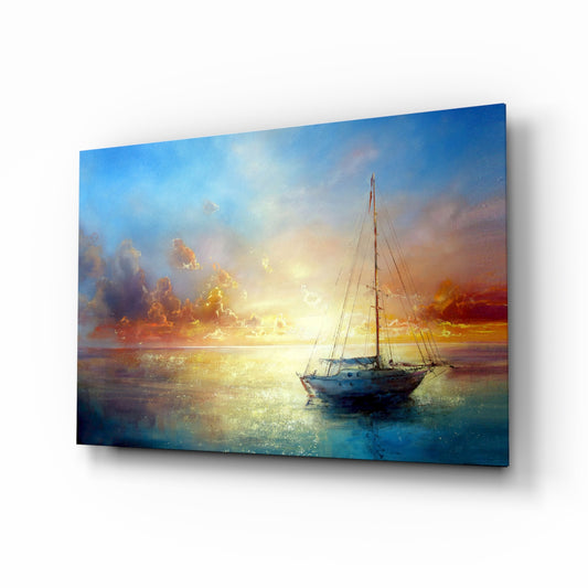 Sunset sailboat painterly cinematic glass wall art above linen sofa in coastal living room