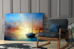 Marine sailboat cinematic glass wall art over modern dining sideboard