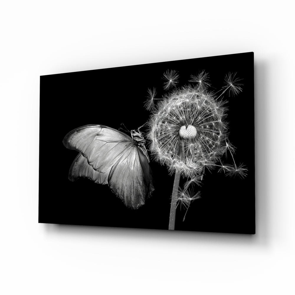 Butterfly dandelion B&W macro cinematic glass wall art above velvet headboard