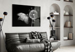 B&W butterfly photography cinematic glass wall art over walnut console