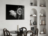 Macro-photography cinematic glass wall art over linen sofa in designer lounge