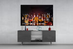 Whiskey lineup cinematic glass wall art in tasting-room interior