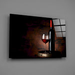 Bordeaux bottle cellar glass wall art over walnut sideboard in wine cellar