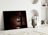 Burgundy wine cinematic glass wall art over modern bar cabinet