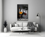 White-red-rosé pour cinematic glass wall art over modern bar cabinet
