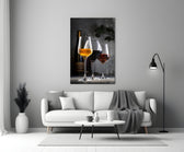 White-red-rosé pour cinematic glass wall art over modern bar cabinet