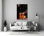 Amber whiskey splash cinematic glass wall art over walnut bar cabinet