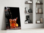 Pour-shot cocktail cinematic glass wall art beside modern dining sideboard