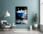 Cobalt martini splash cinematic glass wall art in hospitality bar