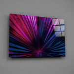 Synthwave fan-palm sunburst glass wall art over modern living-room sofa