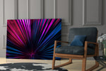 Synthwave palm-frond burst cinematic glass wall art in designer hallway