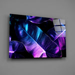 Synthwave tropical foliage glass wall art over modern living-room sofa