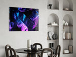 Backlit-pink leaf cinematic glass wall art over master-bedroom headboard