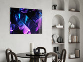 Backlit-pink leaf cinematic glass wall art over master-bedroom headboard