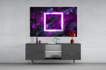 Backlit jungle-square cinematic glass wall art in nightclub-style home bar