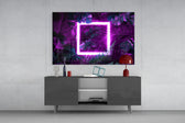 Backlit jungle-square cinematic glass wall art in nightclub-style home bar
