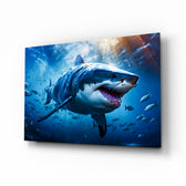 Great white shark cinematic glass wall art above leather chesterfield in man-cave gym
