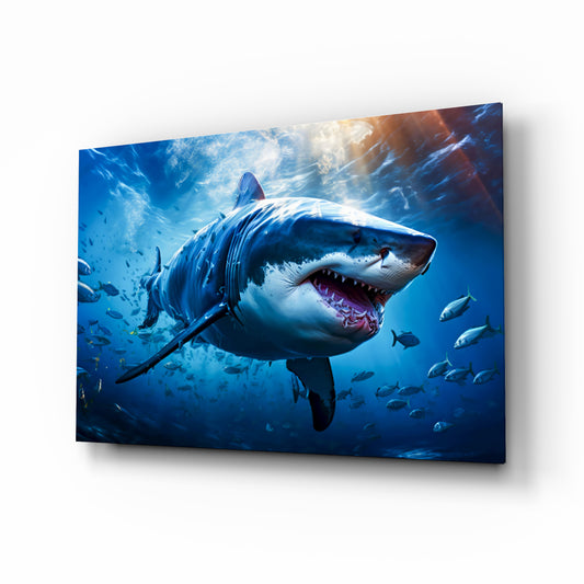 Great white shark cinematic glass wall art above leather chesterfield in man-cave gym
